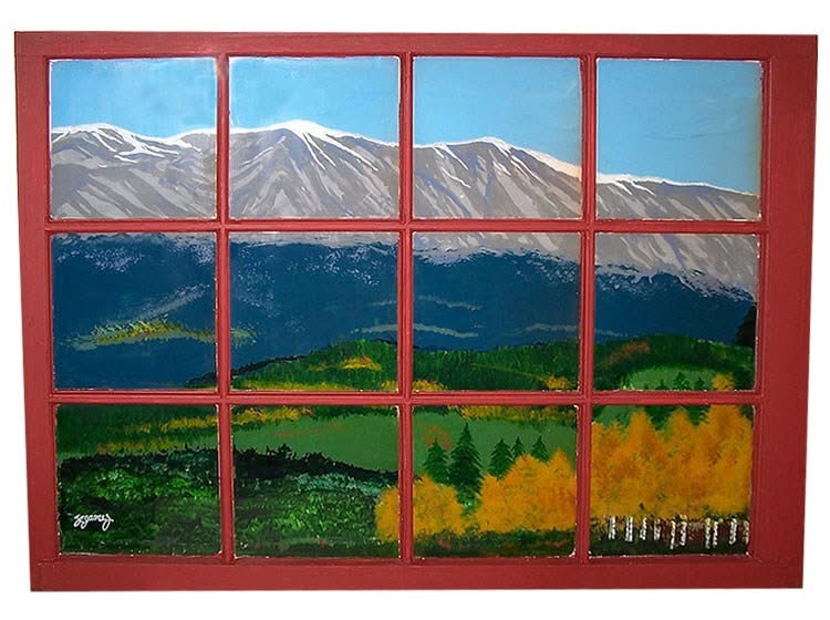 Colorado mountain landscape painting on vintage red window frame — original artisan work at Maudie's Incredible Emporium