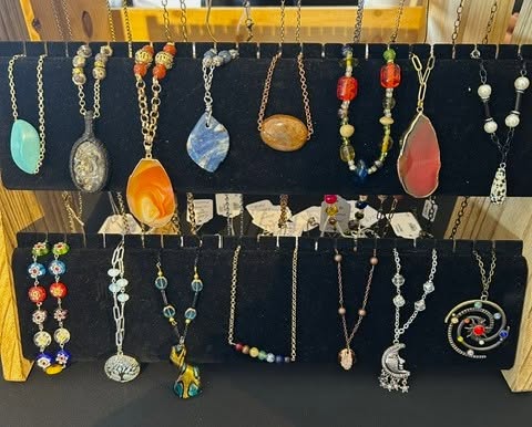 Handcrafted gemstone and beaded jewelry necklaces on display at Maudie's Incredible Emporium, Cripple Creek